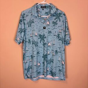 Bad Birdie Men’s Blue Sailboat Print Golf Polo Shirt Large